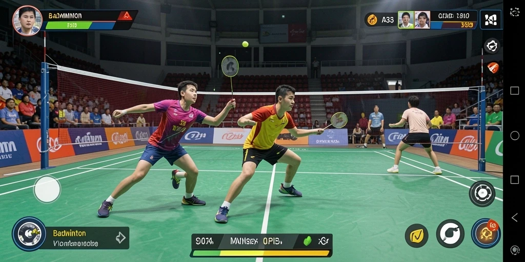 Tampilan antarmuka permainan Badminton yang menarik dan interaktif.