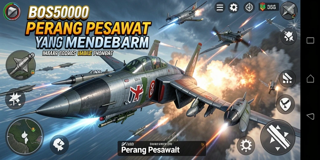 Tampilan antarmuka permainan dengan pesawat tempur yang siap bertempur.